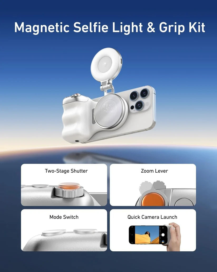 Aurora Tech™ Fun Shot Magnetic Phone Camera Grip & Magnetic Selfie Light Bundle Kit